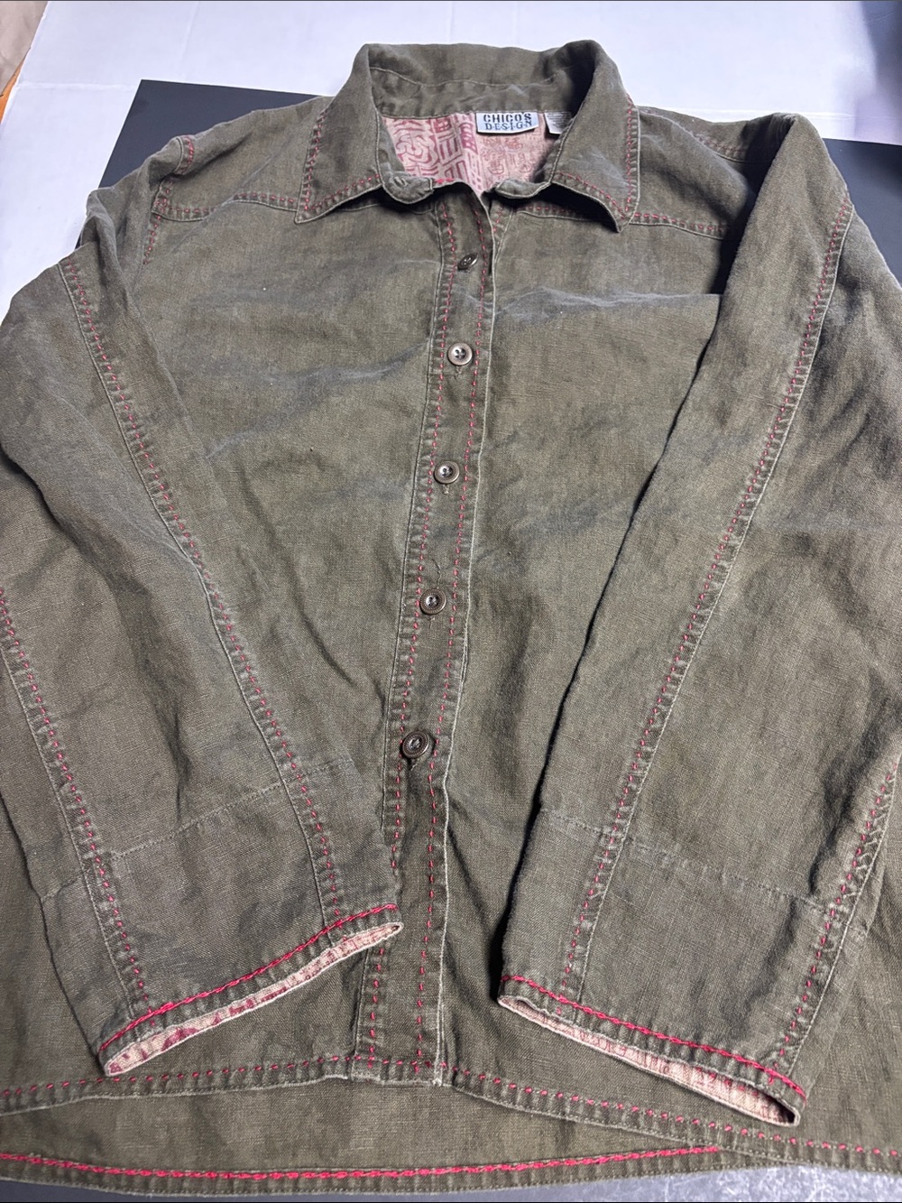 Chico's Olive Green Button-Front Shirt Jacket with Pink Topstitching